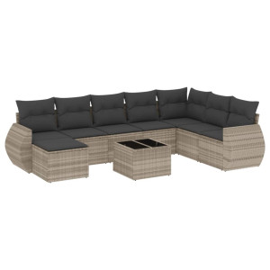 Set muebles jardín 9 pzas y cojines ratán sintético gris claro H