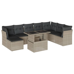 Set muebles jardín 9 pzas y cojines ratán sintético gris claro H