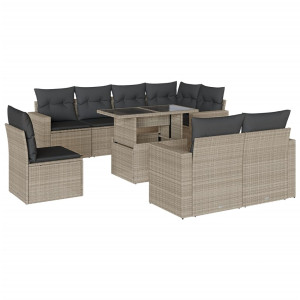 Set muebles jardín 9 pzas y cojines ratán sintético gris claro H