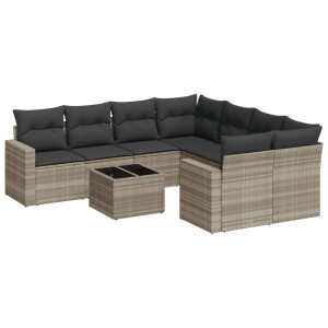 Set muebles jardín 9 pzas y cojines ratán sintético gris claro H