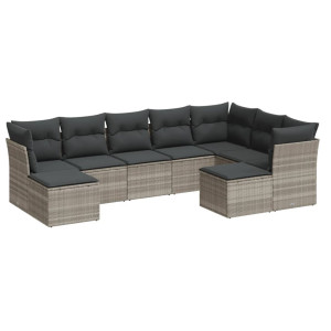 Set muebles jardín 9 pzas y cojines ratán sintético gris claro H