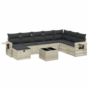 Set muebles jardín 9 pzas y cojines ratán sintético gris claro H
