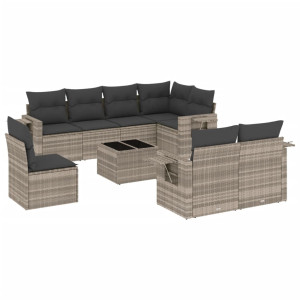 Set muebles jardín 9 pzas y cojines ratán sintético gris claro H