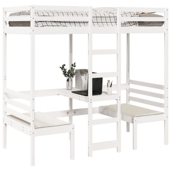 Cama alta c/ secretária/cadeiras 80x200 cm pinho maciço branco M 4