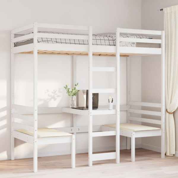 Cama alta c/ secretária/cadeiras 90x190 cm pinho maciço branco M 3