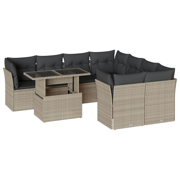 Set muebles jardín 9 pzas y cojines ratán sintético gris claro M 2