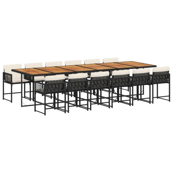 Set comedor de jardín con cojines 13 pzas ratán sintético negro M 2