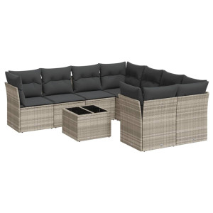 Set muebles jardín 9 pzas y cojines ratán sintético gris claro H