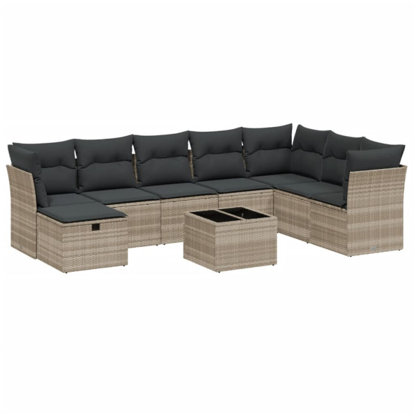 Set muebles jardín 9 pzas y cojines ratán sintético gris claro M 2