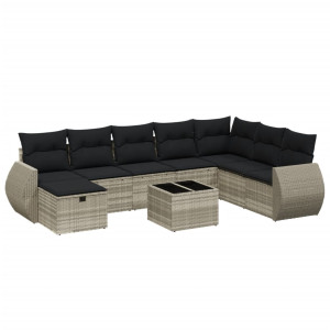 Set muebles jardín 9 pzas y cojines ratán sintético gris claro H
