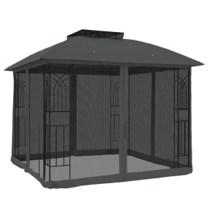Gazebo c/ teto duplo/paredes de malha 2.94x2.94 m aço antracite H