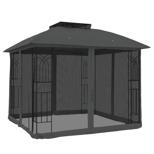 Gazebo c/ teto duplo/paredes de malha 2.94x2.94 m aço antracite M 2
