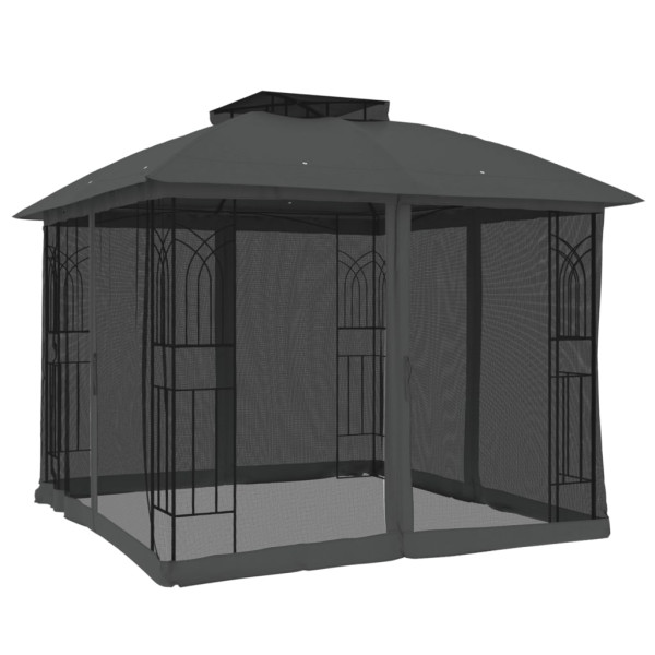 Gazebo c/ teto duplo/paredes de malha 2.94x2.94 m aço antracite M 5