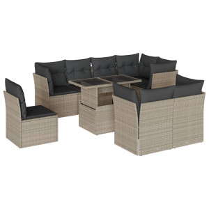 Set muebles jardín 9 pzas y cojines ratán sintético gris claro H