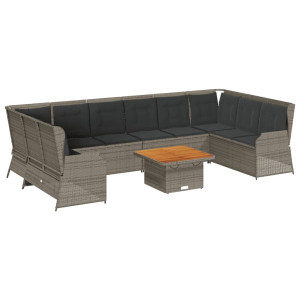 Set de muebles de jardín 7 pzas y cojines ratán sintético gris H
