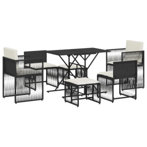 7 pcs conjunto de jantar p/ jardim c/ almofadões vime PE preto H