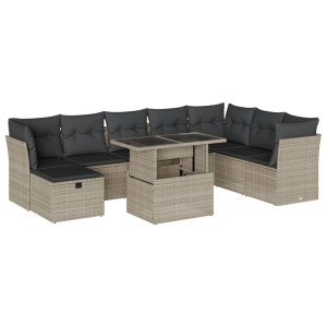 Set muebles jardín 9 pzas y cojines ratán sintético gris claro H
