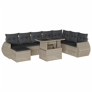 Set muebles jardín 9 pzas y cojines ratán sintético gris claro H