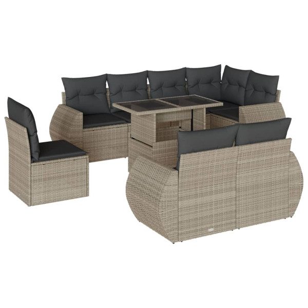 Set muebles jardín 9 pzas y cojines ratán sintético gris claro M 2