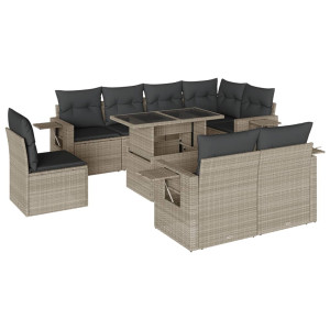 Set muebles jardín 9 pzas y cojines ratán sintético gris claro H
