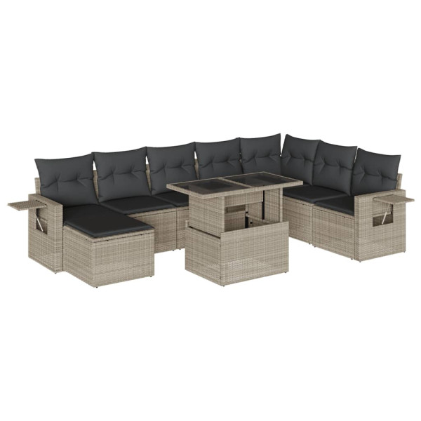 Set muebles jardín 9 pzas y cojines ratán sintético gris claro M 2
