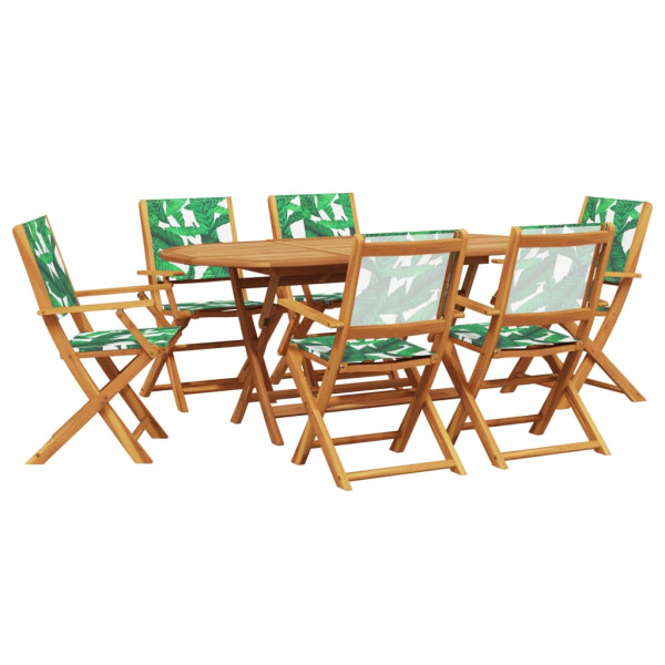 Set de comedor jardín 7 pzas tela madera maciza estampado hojas M 2