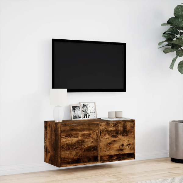 Mueble de TV de pared con luces LED roble ahumado 80x31x35 cm M 4