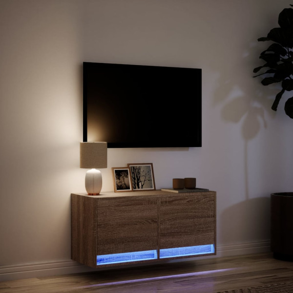Mueble de TV de pared con luces LED roble marrón 80x31x35 cm M 5
