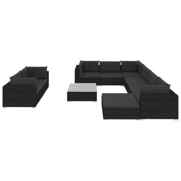 10 pcs conjunto lounge de jardim c/ almofadões vime PE preto D