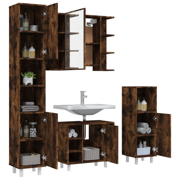 Set de muebles de baño 4 piezas madera contrachapada roble humo M 4