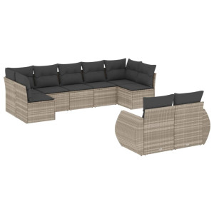 Set muebles jardín 9 pzas y cojines ratán sintético gris claro H