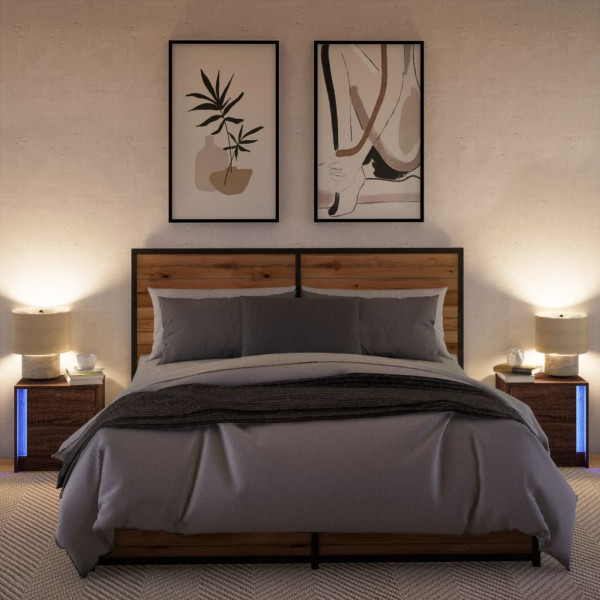 Mesas cabeceira LEDs 2 pcs derivados madeira carvalho castanho M 5