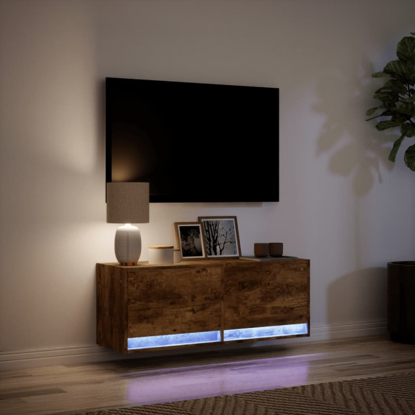 Mueble de TV de pared con luces LED roble ahumado 100x31x35 cm M 5