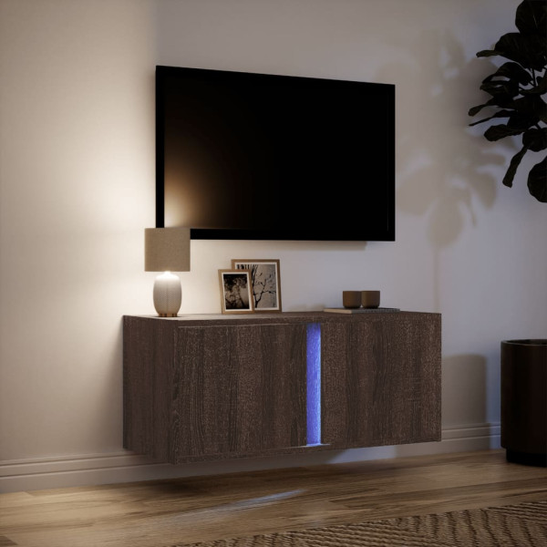 Mueble de TV de pared con luces LED roble marrón 80x31x35 cm M 5