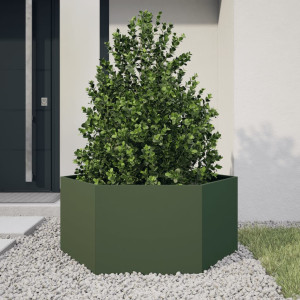 Jardinera hexagonal de acero verde oliva 104x90x45 cm H