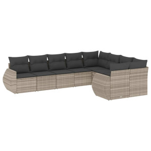 Set muebles jardín 9 pzas y cojines ratán sintético gris claro H