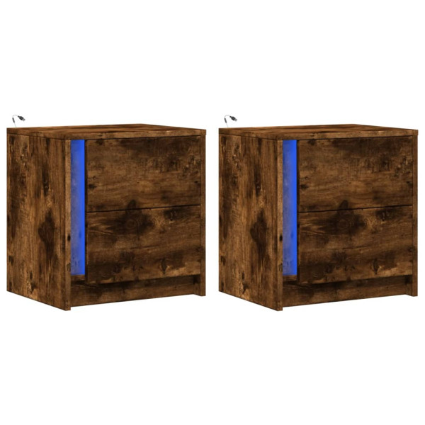 Mesita de noche luces LED 2 uds madera ingeniería roble ahumado M 3