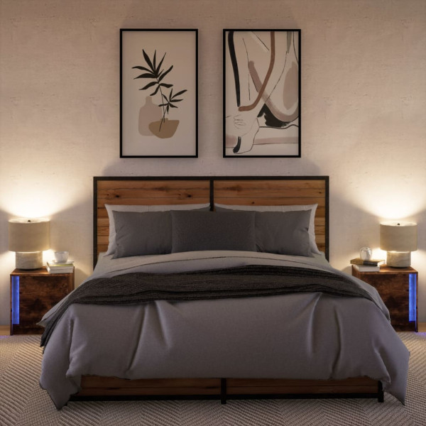 Mesita de noche luces LED 2 uds madera ingeniería roble ahumado M 5