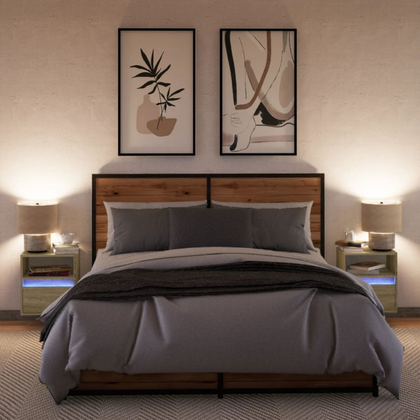 Mesas de cabeceira de parede com luzes LED 2pcs carvalho sonoma M 4