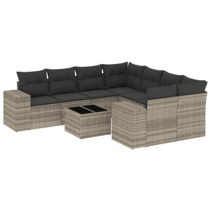 Set muebles jardín 9 pzas y cojines ratán sintético gris claro H