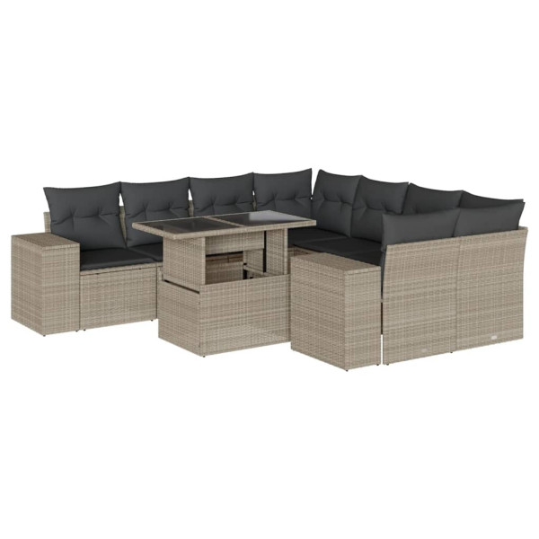Set muebles jardín 9 pzas y cojines ratán sintético gris claro M 2