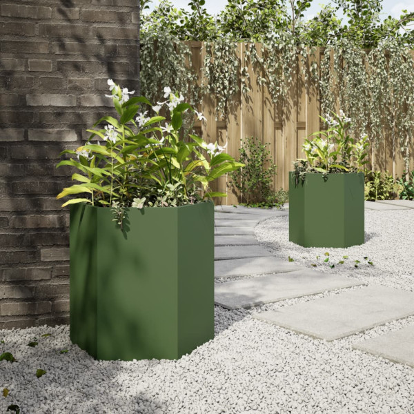 Jardineras hexagonales 2 uds acero verde oliva 46x40x45 cm M 4