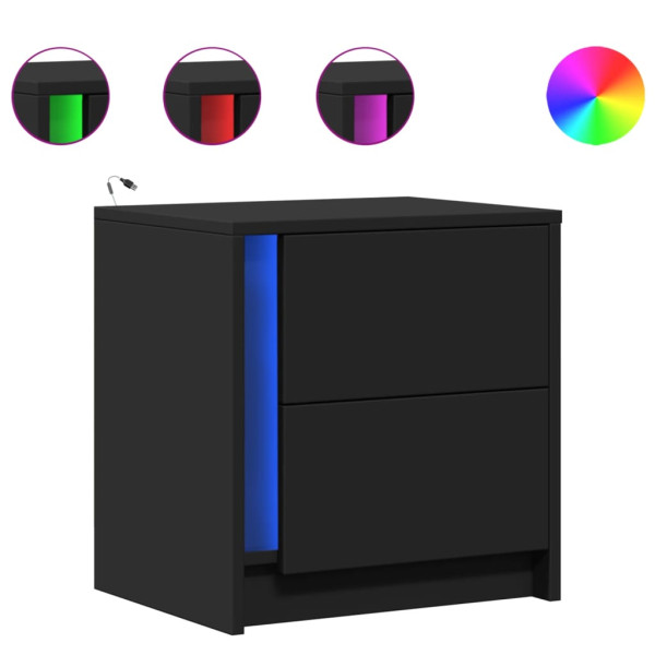 Mesitas de noche con luces LED 2 uds madera ingeniería negra M 3