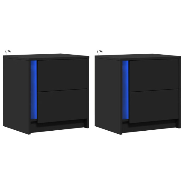 Mesitas de noche con luces LED 2 uds madera ingeniería negra M 2