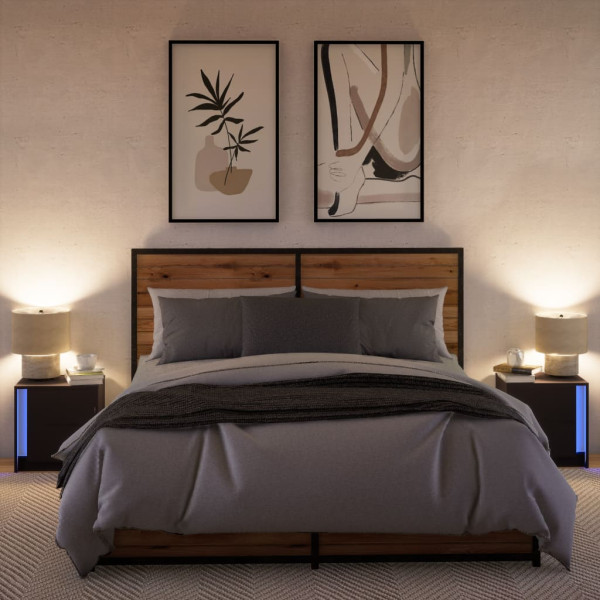 Mesitas de noche con luces LED 2 uds madera ingeniería negra M 5
