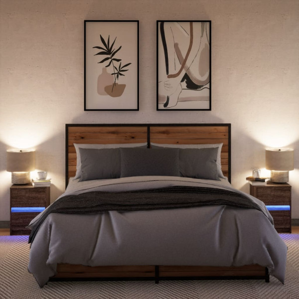 Mesitas de noche luces LED 2 uds madera ingeniería roble marrón M 5