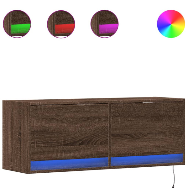 Mueble de TV de pared con luces LED marrón roble 100x31x35 cm M 2