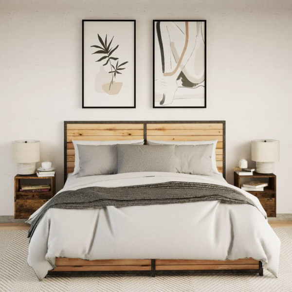 Mesitas de noche de pared con luces LED 2 uds roble ahumado M 5