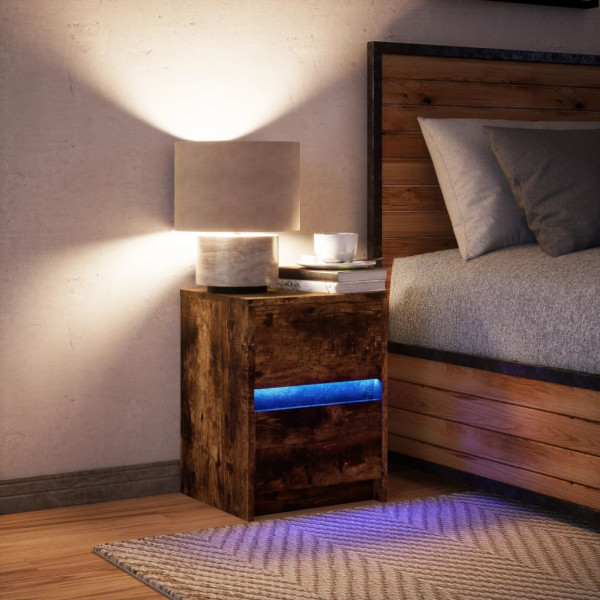 Mesita de noche con luces LED madera ingeniería roble ahumado M 5