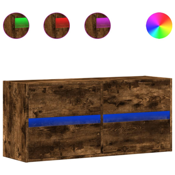 Mueble de TV de pared con luces LED roble ahumado 100x31x45 cm M 2
